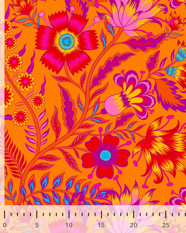 Toile Semi-Panama Orange Motif Fleuri  Coloré - Mercerine