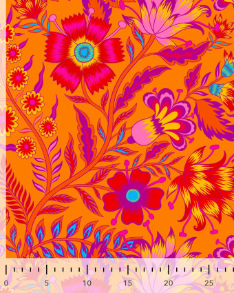 Toile Semi-Panama Orange Motif Fleuri  Coloré - Mercerine
