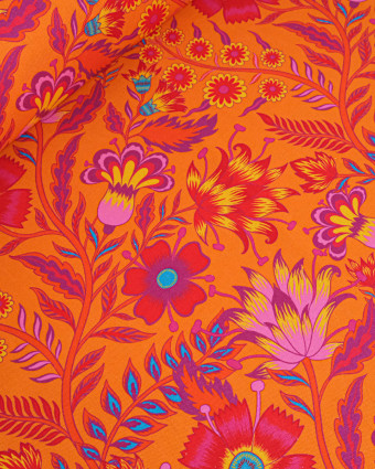 Toile Semi-Panama Orange Motif Fleuri  Coloré - Mercerine