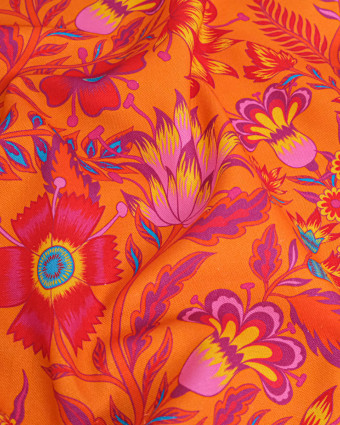 Toile Semi-Panama Orange Motif Fleuri  Coloré - Mercerine