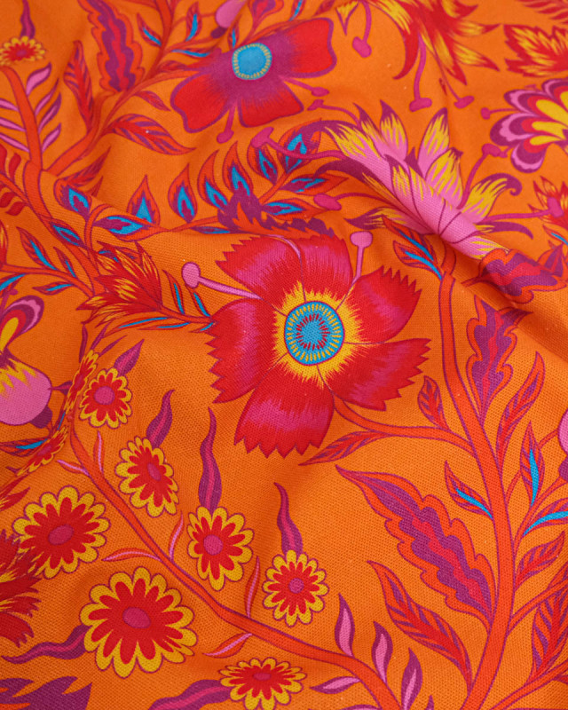 Toile Semi-Panama Orange Motif Fleuri  Coloré - Mercerine