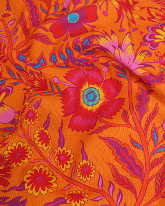 Toile Semi-Panama Orange Motif Fleuri  Coloré - Mercerine