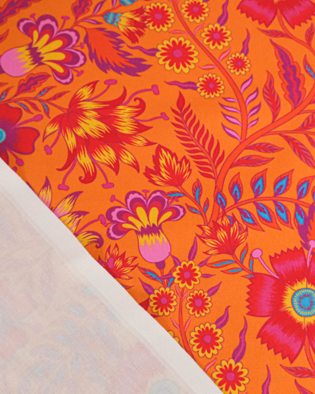 Toile Semi-Panama Orange Motif Fleuri  Coloré - Mercerine