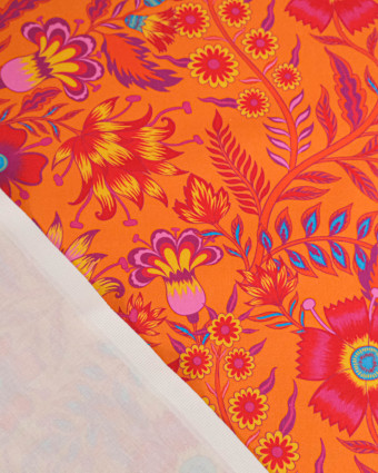 Toile Semi-Panama Orange Motif Fleuri  Coloré - Mercerine