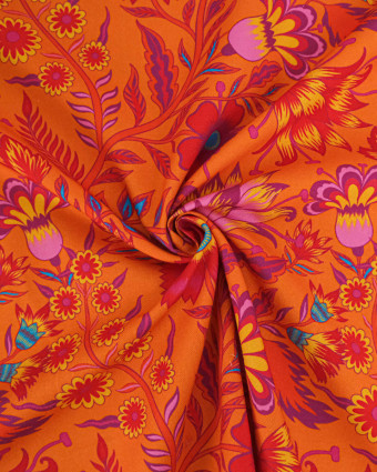 Toile Semi-Panama Orange Motif Fleuri Coloré - Mercerine