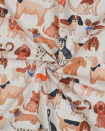 Popeline de Coton Imprimée Ecrue Motif Chien - Mercerine