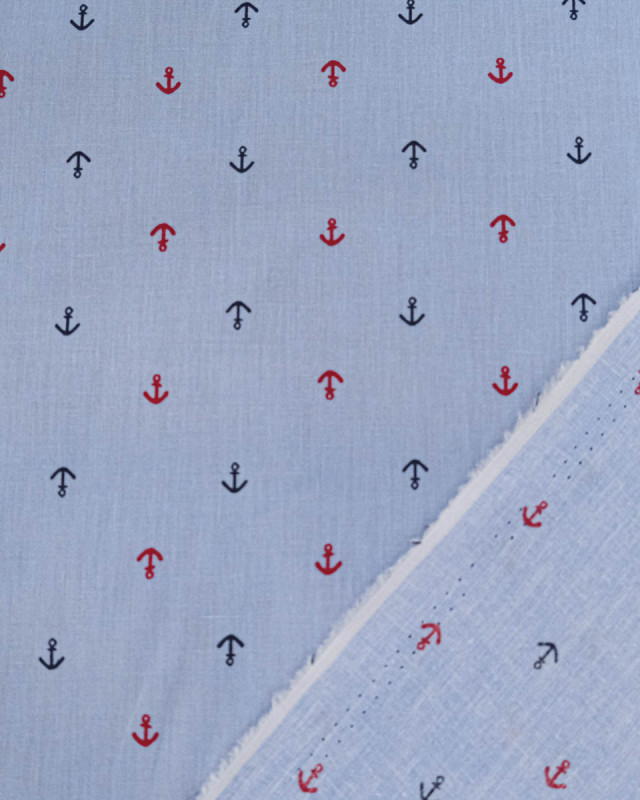 Popeline de Coton Marin Encre Bleu et Rouge - Mercerine