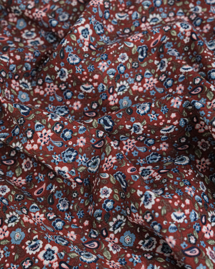 Tissu Coton Motif Fleuri Fond Prune - Mercerine
