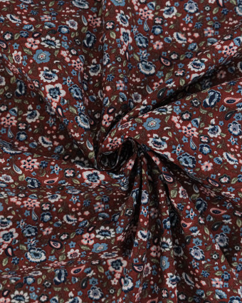 Tissu Coton Motif Fleuri Fond Prune - Mercerine