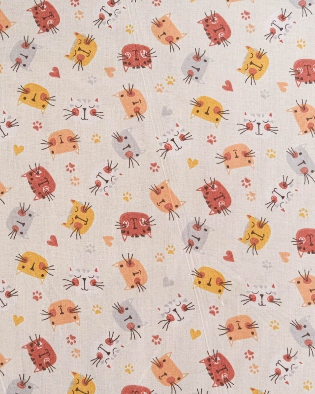 Popeline de Coton Motif Tête de Chat - Ecru - Mercerine