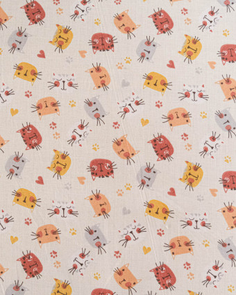 Popeline de Coton Motif Tête de Chat - Ecru - Mercerine