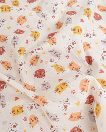 Popeline de Coton Motif Tête de Chat - Ecru - Mercerine