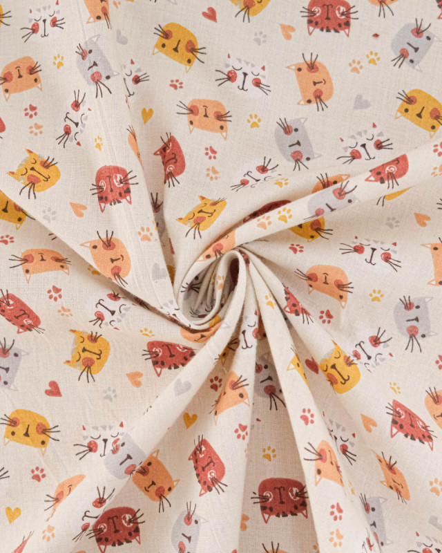 Popeline de Coton Motif Tête de Chat - Ecru - Mercerine