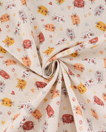 Popeline de Coton Motif Tête de Chat - Ecru - Mercerine