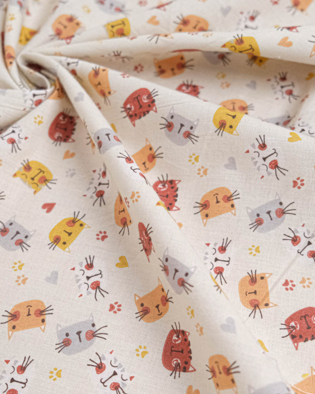 Popeline de Coton Motif Tête de Chat - Ecru - Mercerine