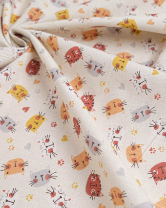 Popeline de Coton Motif Tête de Chat - Ecru - Mercerine