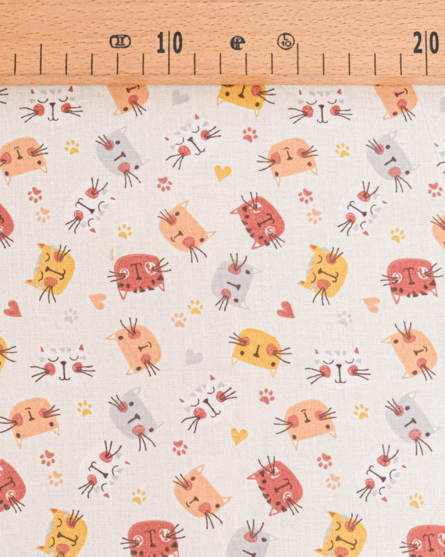 Popeline de Coton Motif Tête de Chat - Ecru - Mercerine