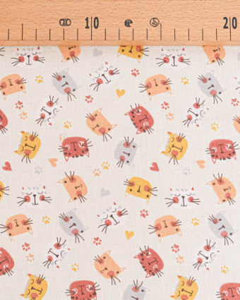 Popeline de Coton Motif Tête de Chat - Ecru - Mercerine
