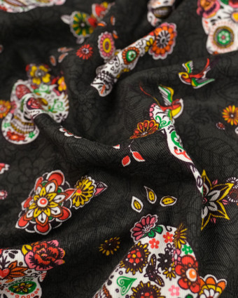 Coton imprimé los muertos gris anthracite Oeko-tex - 10 cm