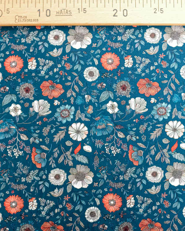 Tissu Viscose Ecovero Bleu Motif Floral Terracotta - Mercerine