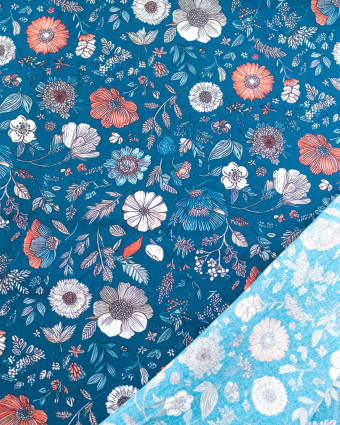 Tissu Viscose Ecovero Bleu Motif Floral Terracotta - Mercerine