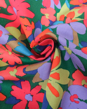 Satin de Coton Stretch Vert Motif Fleuri Coloré - Mercerine