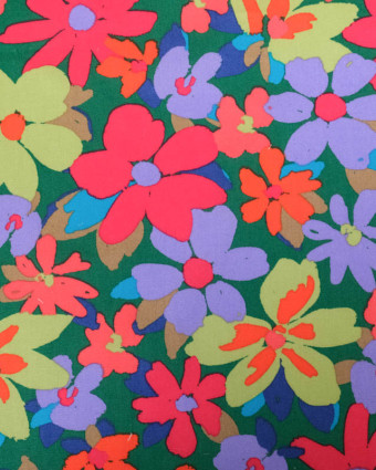 Satin de Coton Stretch Vert Motif Fleuri Coloré - Mercerine
