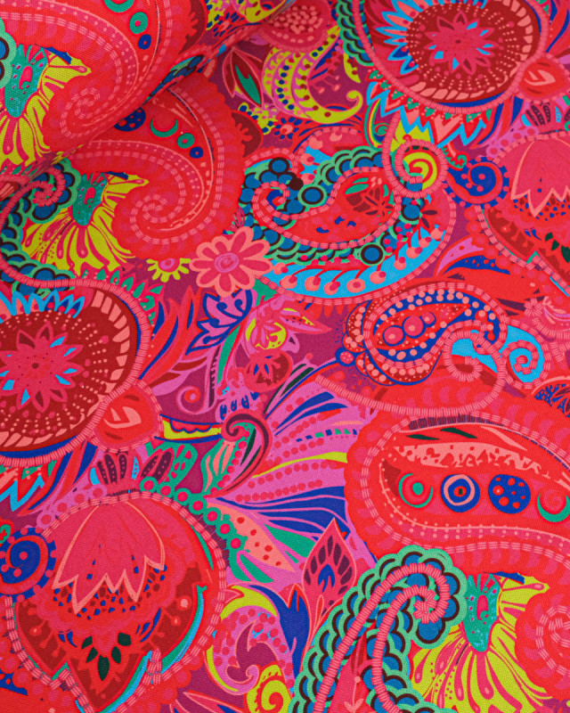 Toile Semi-Panama Rose Fuchsia Motif Cachemire  - Mercerine