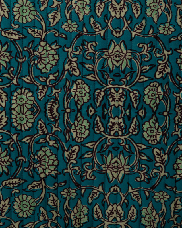 Tissu Velours Matelassé Motif Floral Bleu Pétrole - Mercerine