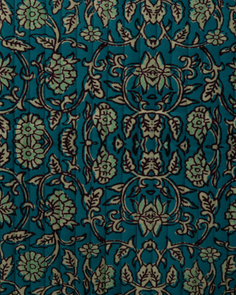 Tissu Velours Matelassé Motif Floral Bleu Pétrole - Mercerine