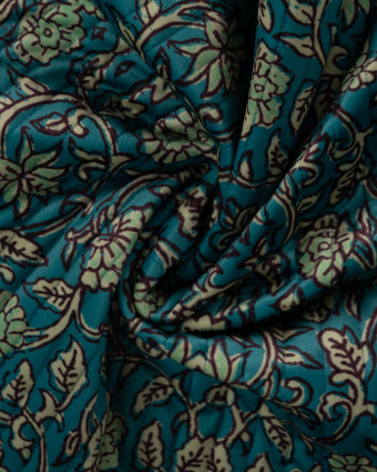 Tissu Velours Matelassé Motif Floral Bleu Pétrole - Mercerine