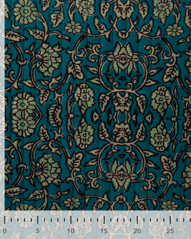 Tissu Velours Matelassé Motif Floral Bleu Pétrole - Mercerine