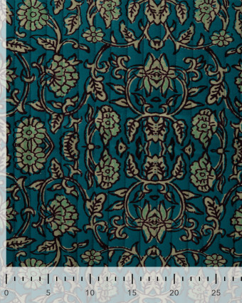 Tissu Velours Matelassé Motif Floral Bleu Pétrole - Mercerine