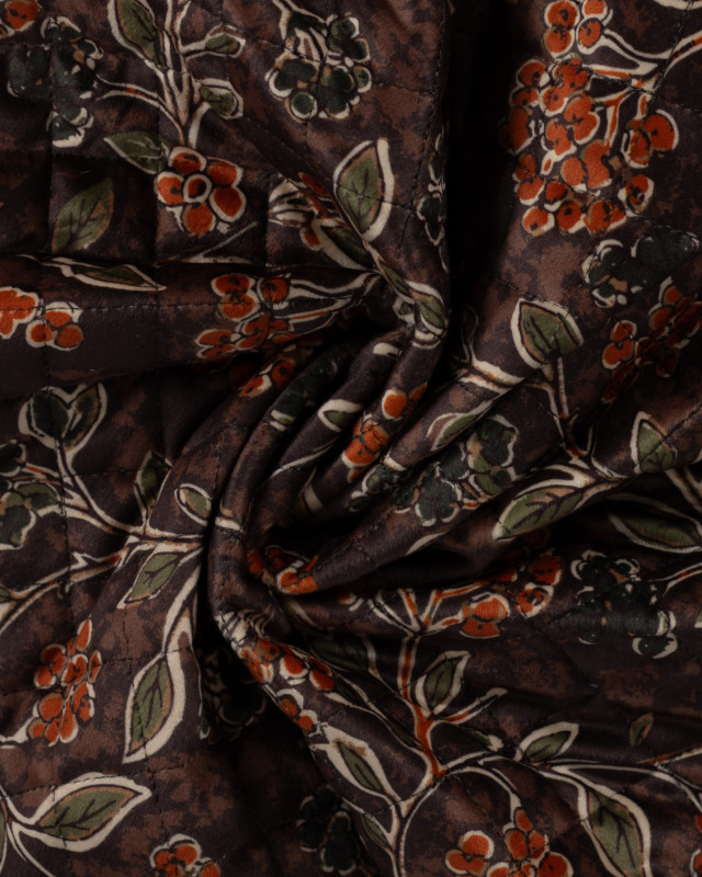 Tissu Velours Matelassé Motif Floral Brun Terracotta - Mercerine