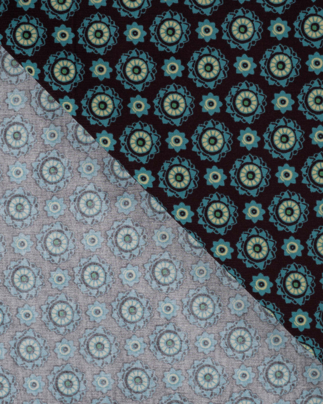 Tissu Velours Milleraies Petites Fleurs Bleu Pétrole - Mercerine