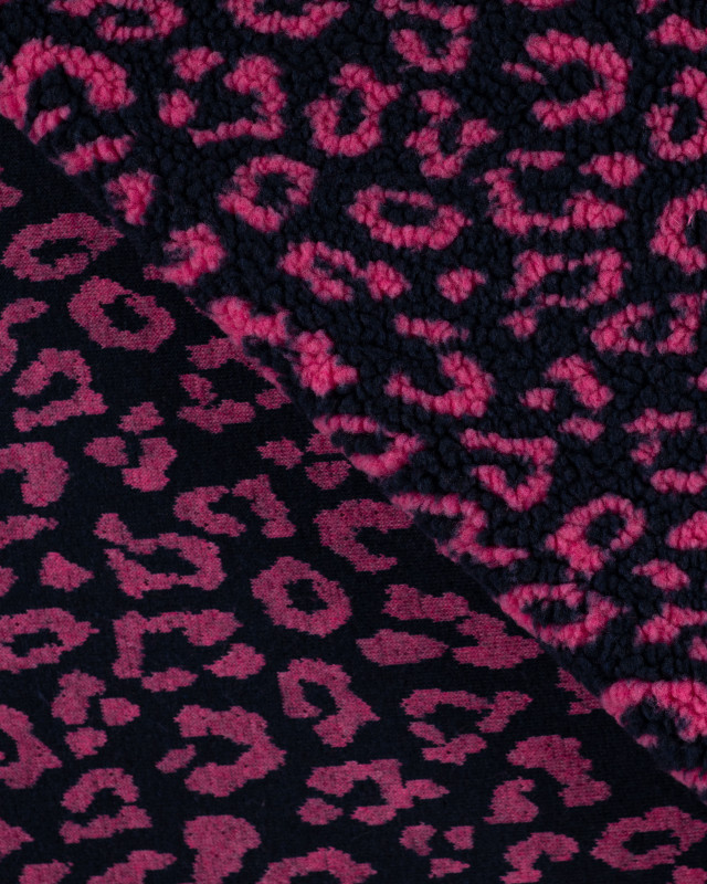 Tissu Sherpa Léopard Fuchsia Fond Marine - Mercerine