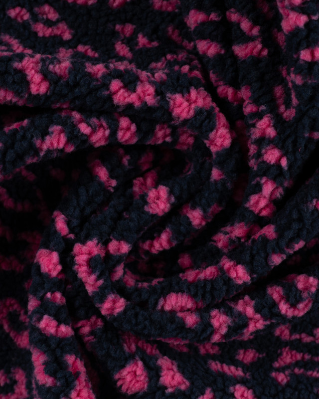 Tissu Sherpa Léopard Fuchsia Fond Marine - Mercerine
