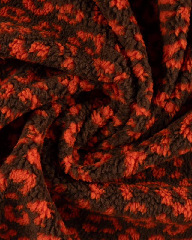 Tissu Sherpa Léopard Orange Fond Cacao - Mercerine