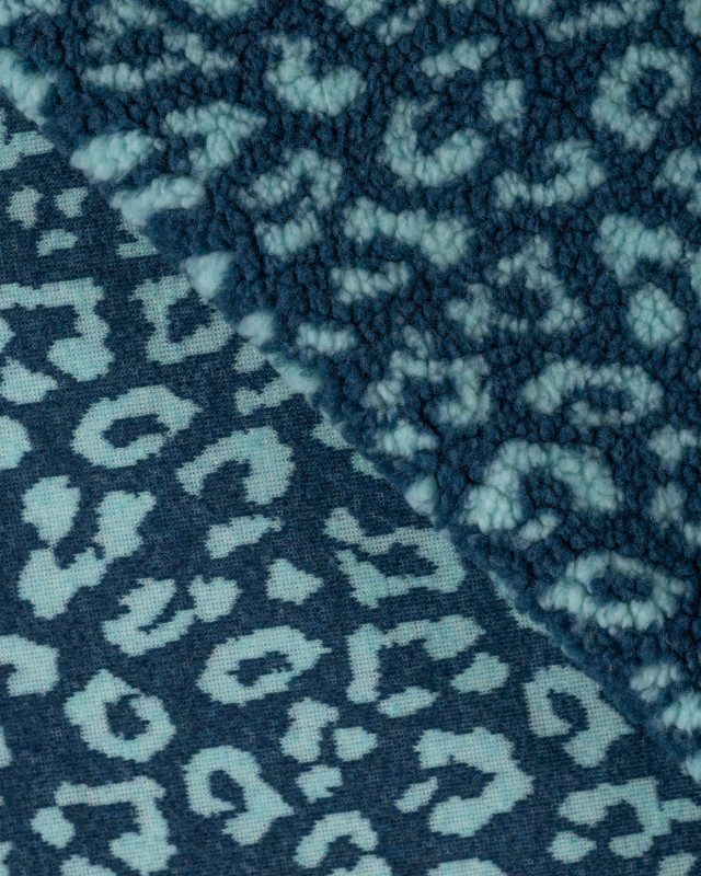 Tissu Sherpa Léopard Bleu Ciel Fond Indigo - Mercerine