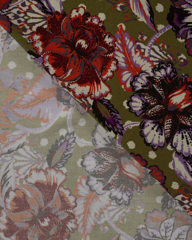 Tissu Viscose Twill EcoVero Fleur Fond Kaki - Mercerine
