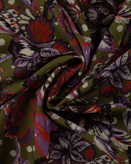 Tissu Viscose Twill EcoVero Fleur Fond Kaki - Mercerine