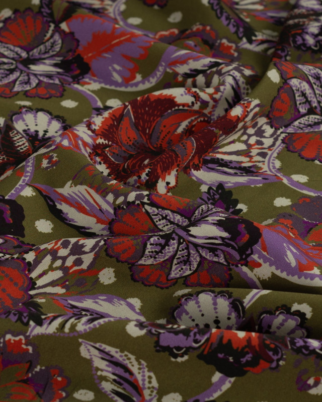 Tissu Viscose Twill EcoVero Fleur Fond Kaki - Mercerine