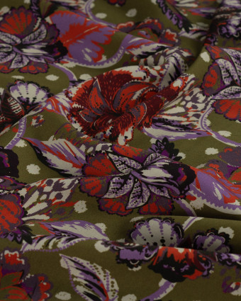 Tissu Viscose Twill EcoVero Fleur Fond Kaki - Mercerine