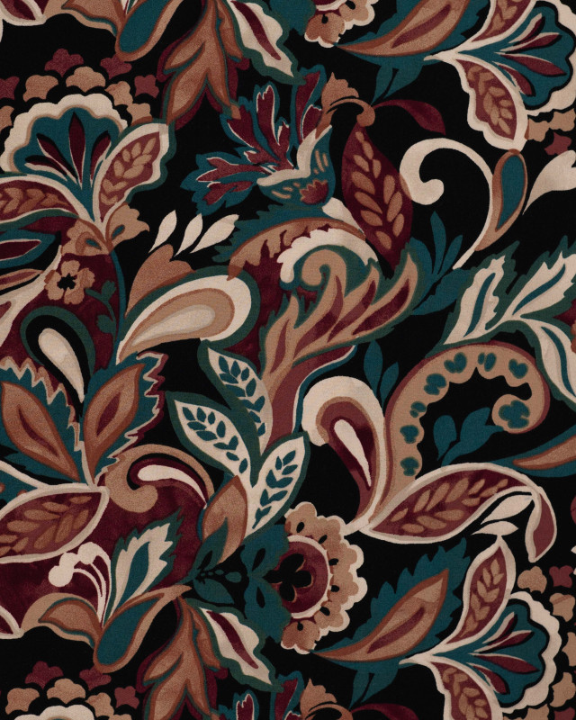 Tissu Viscose Stretch Feuillage Paon Fond Prune - Mercerine