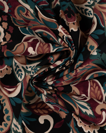 Tissu Viscose Stretch Feuillage Paon Fond Prune - Mercerine