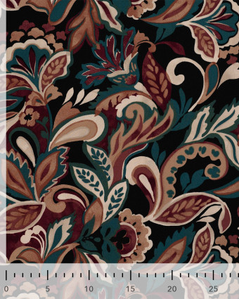 Tissu Viscose Stretch Feuillage Paon Fond Prune - Mercerine