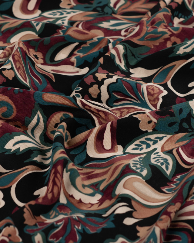 Tissu Viscose Stretch Feuillage Paon Fond Prune - Mercerine