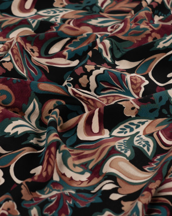 Tissu Viscose Stretch Feuillage Paon Fond Prune - Mercerine