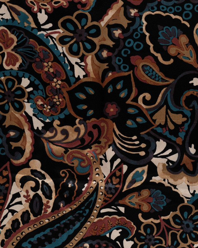Tissu Viscose Satiné Motif Cachemire Camel Pétrole - Mercerine