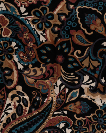 Tissu Viscose Satiné Motif Cachemire Camel Pétrole - Mercerine